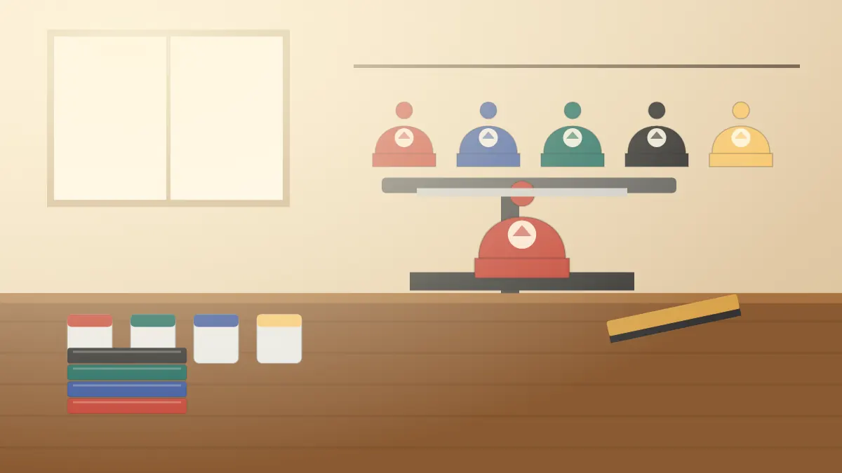 Illustration of knitted bobble hats in red, blue and green on a wooden workbench