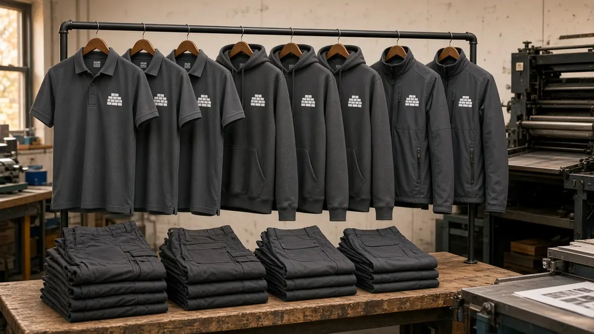 Rail of matching charcoal polos, hoodies and softshell jackets with a white chest logo, above stacks of folded work trousers