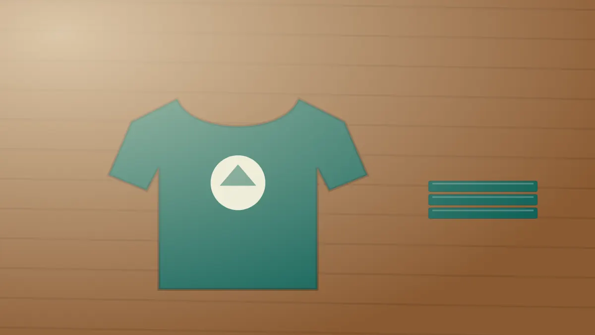 Illustration of a green t-shirt with a circular front print laid flat on a wooden workbench beside folded tees