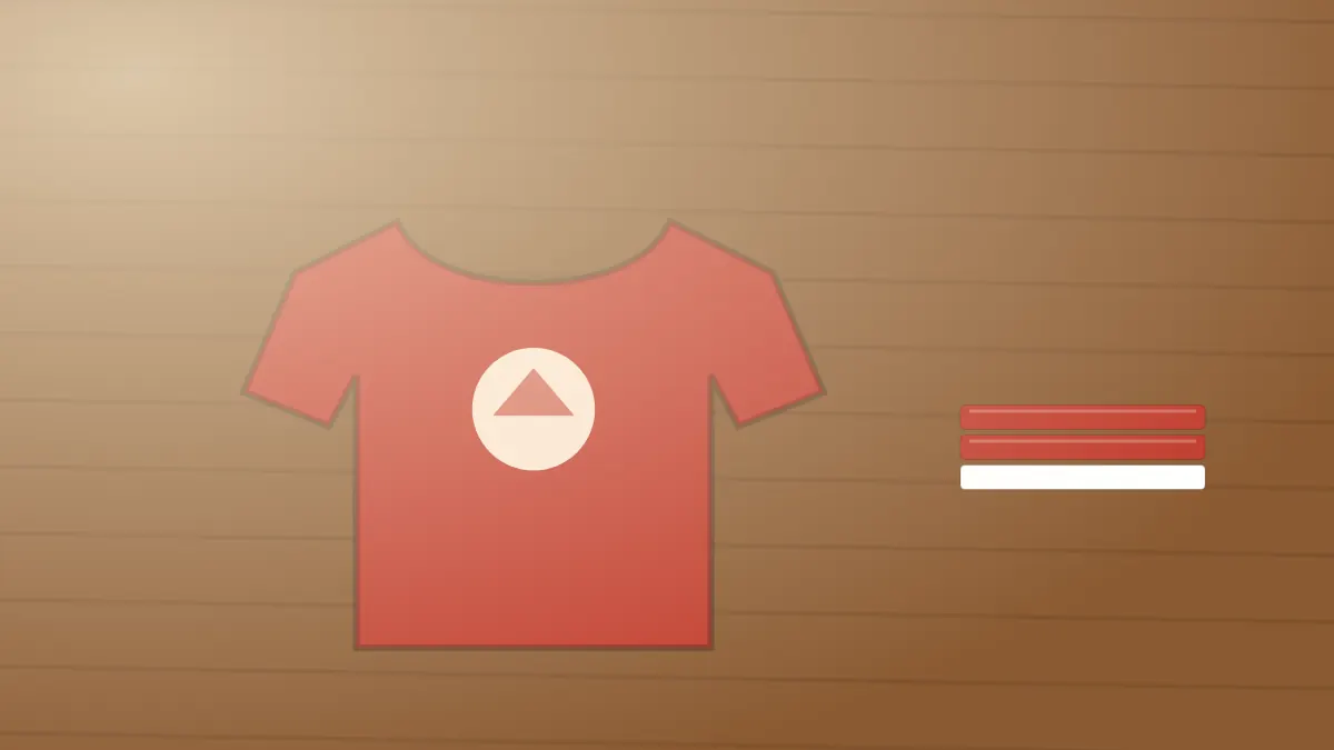 Illustration of a red t-shirt with a cream front print on a workbench