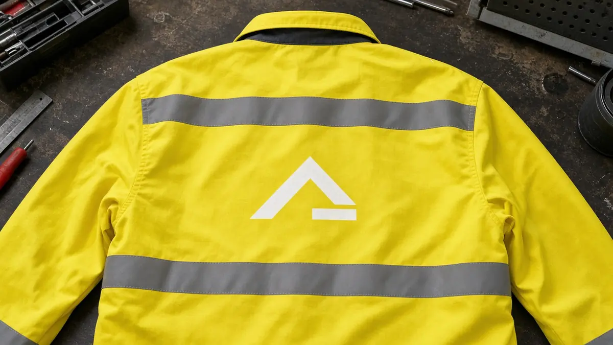 Back of a yellow hi-vis jacket with a white logo printed on the fluorescent fabric between two grey reflective bands
