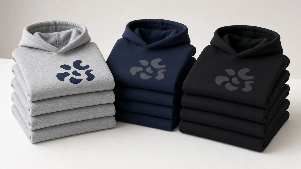 Stacks of printed hoodies in grey, navy and black