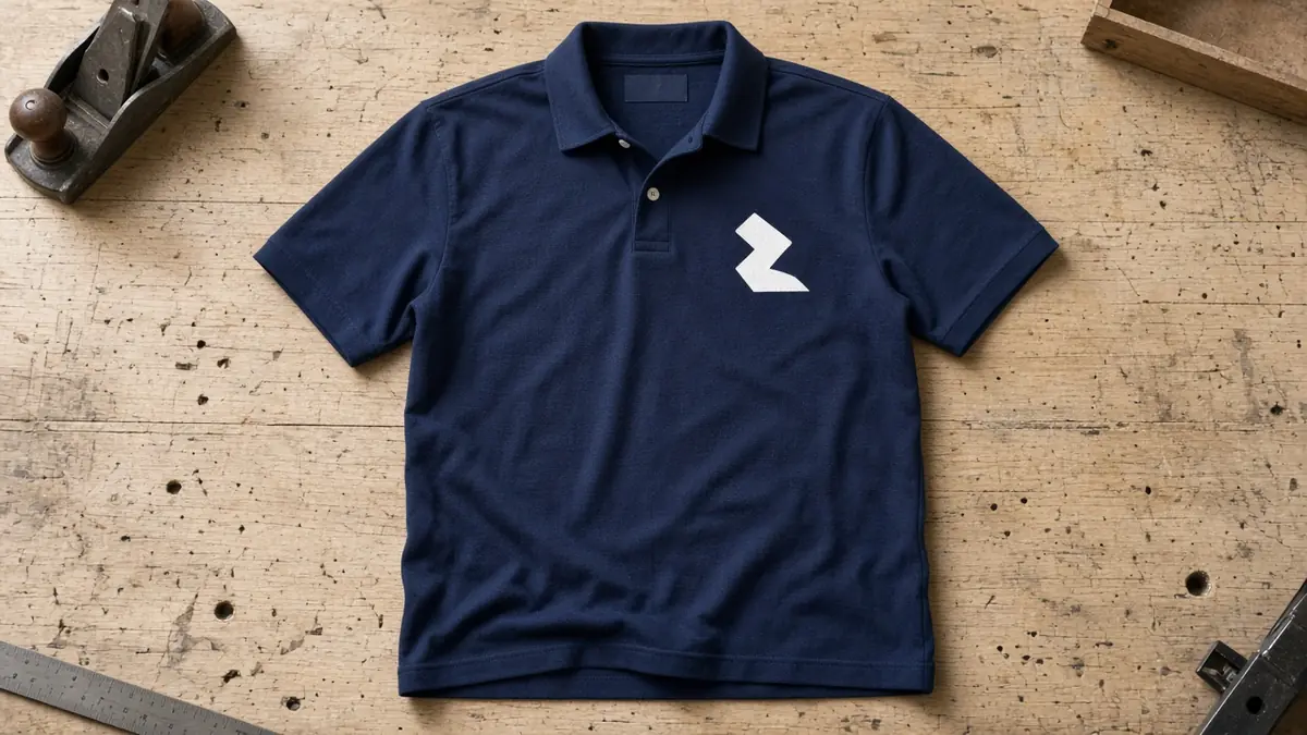 Navy polo shirt with a small white logo on the left chest, laid flat on a wooden workbench
