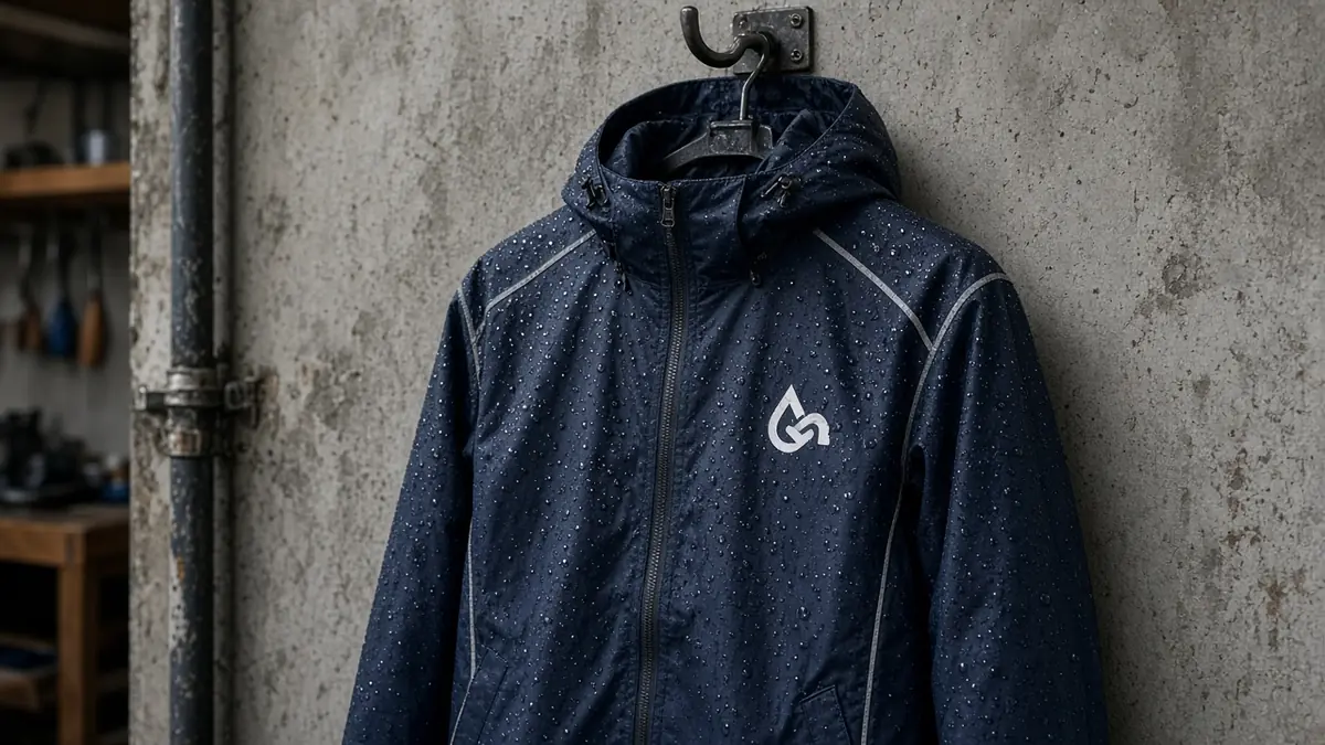 Navy hooded rain jacket with a white heat-printed water-drop logo, beaded with rain and hanging on a hook