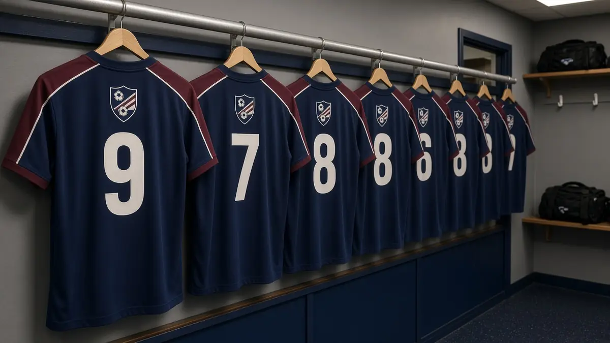 Numbered navy team shirts hanging in a changing room