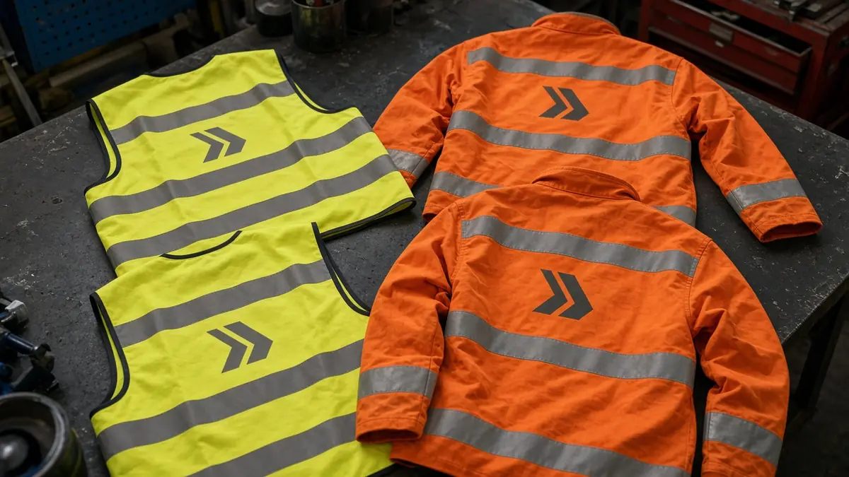 Yellow hi-vis vests and orange hi-vis jackets with reflective tape laid out on a workshop bench