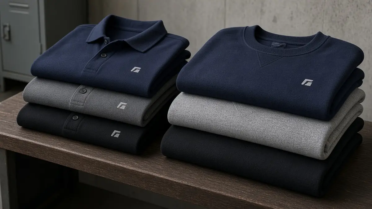 Folded navy, grey and black work polos and sweatshirts with a small chest logo