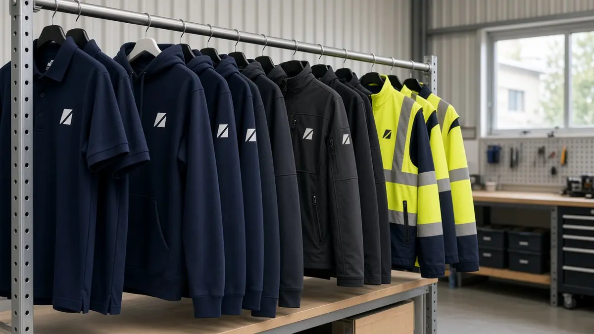 Rail of branded navy, black and hi-vis workwear ready for collection