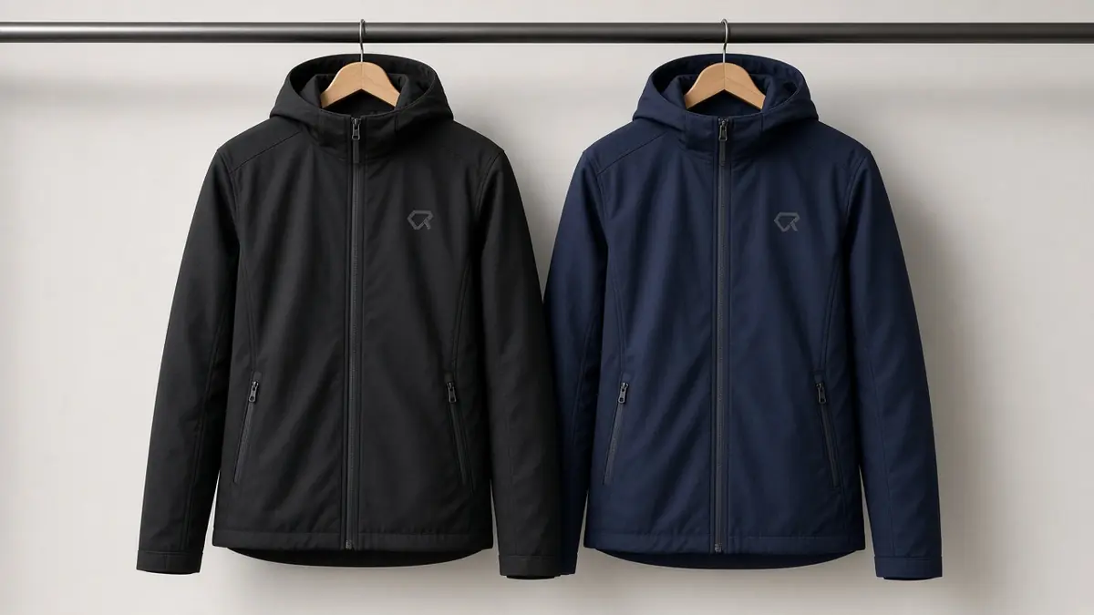 Black and navy softshell jackets hanging on a rail
