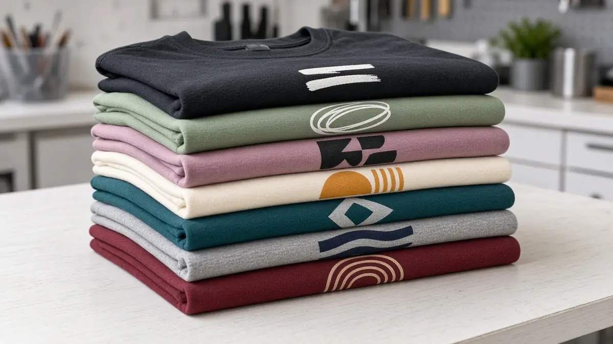 Stack of folded t-shirts in assorted colours with printed designs