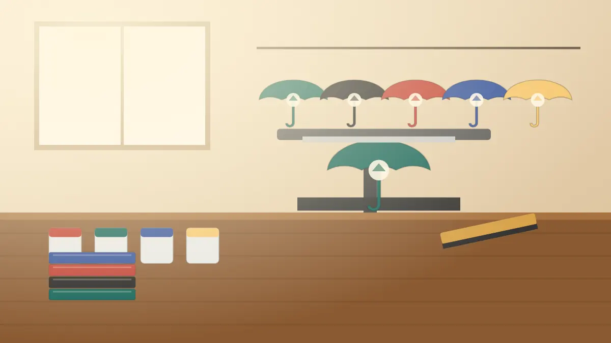 Illustration of open umbrellas in green, black and red on a workbench in a print shop