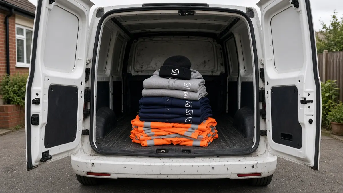 Open white van with a stack of branded kit inside: orange hi-vis, navy and grey tops and a black beanie