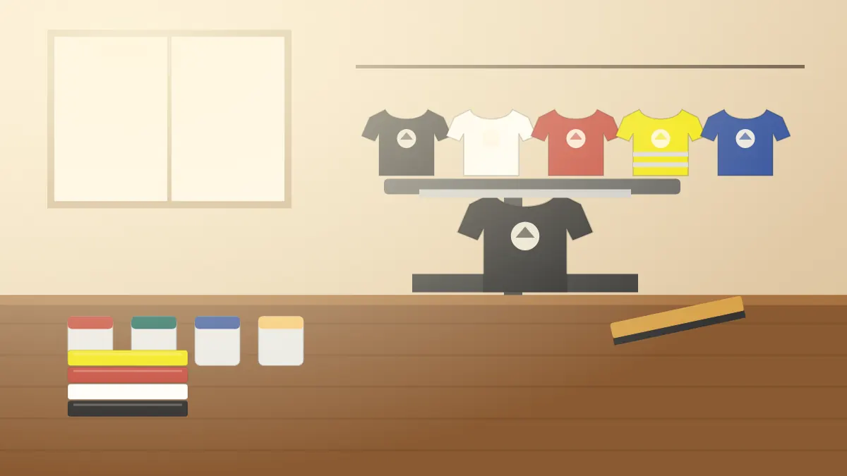 Illustration of a black t-shirt with cut vinyl lettering on a heat press and rolls of coloured vinyl on a workbench