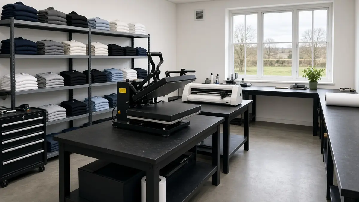 Bright print workshop with shelves of folded garments, a heat press and work tables