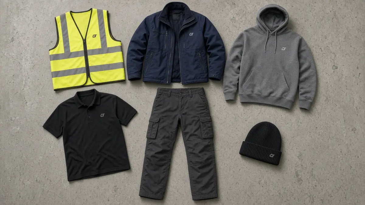 Flat-lay of branded workwear: hi-vis vest, jacket, hoodie, polo, work trousers and a beanie